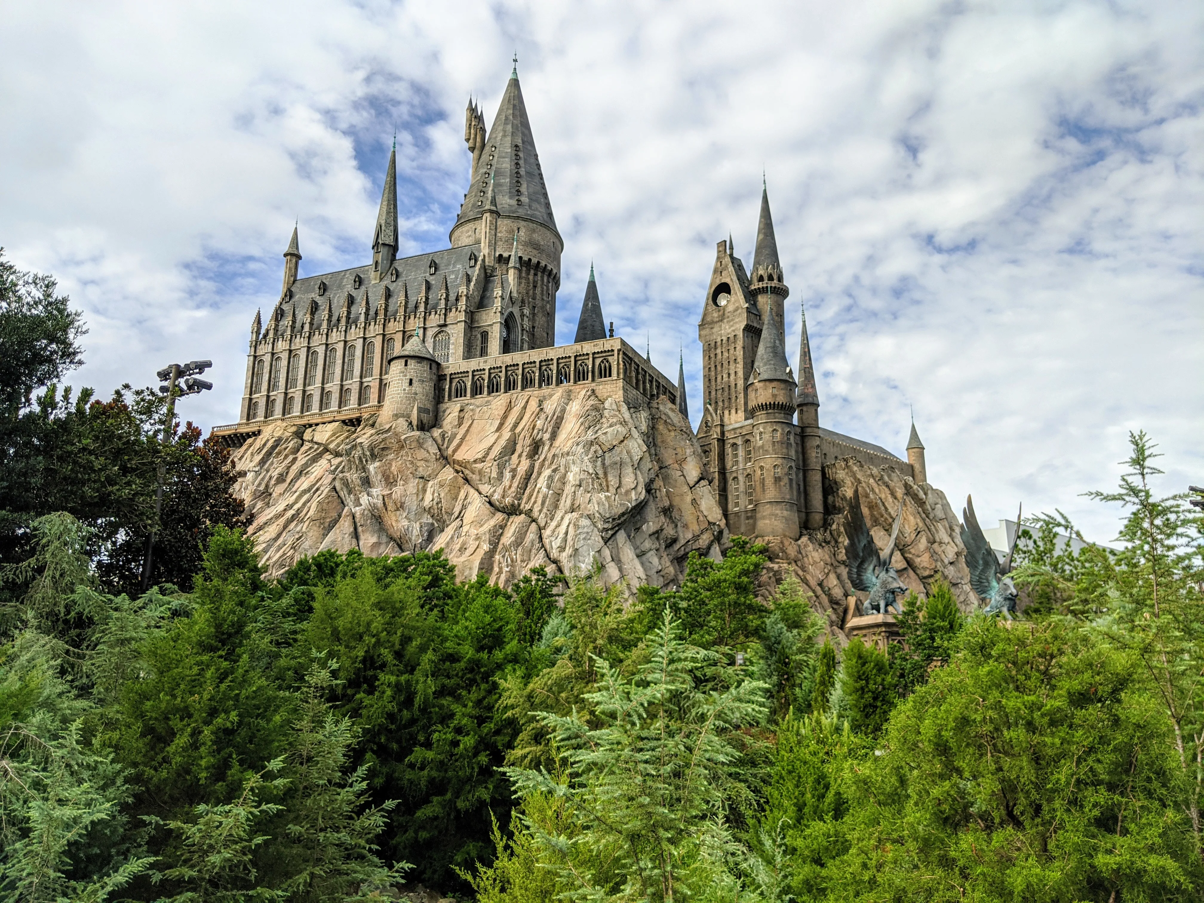 Hogwarts at Universal Studios; a lush forest covers the lower third of the view.